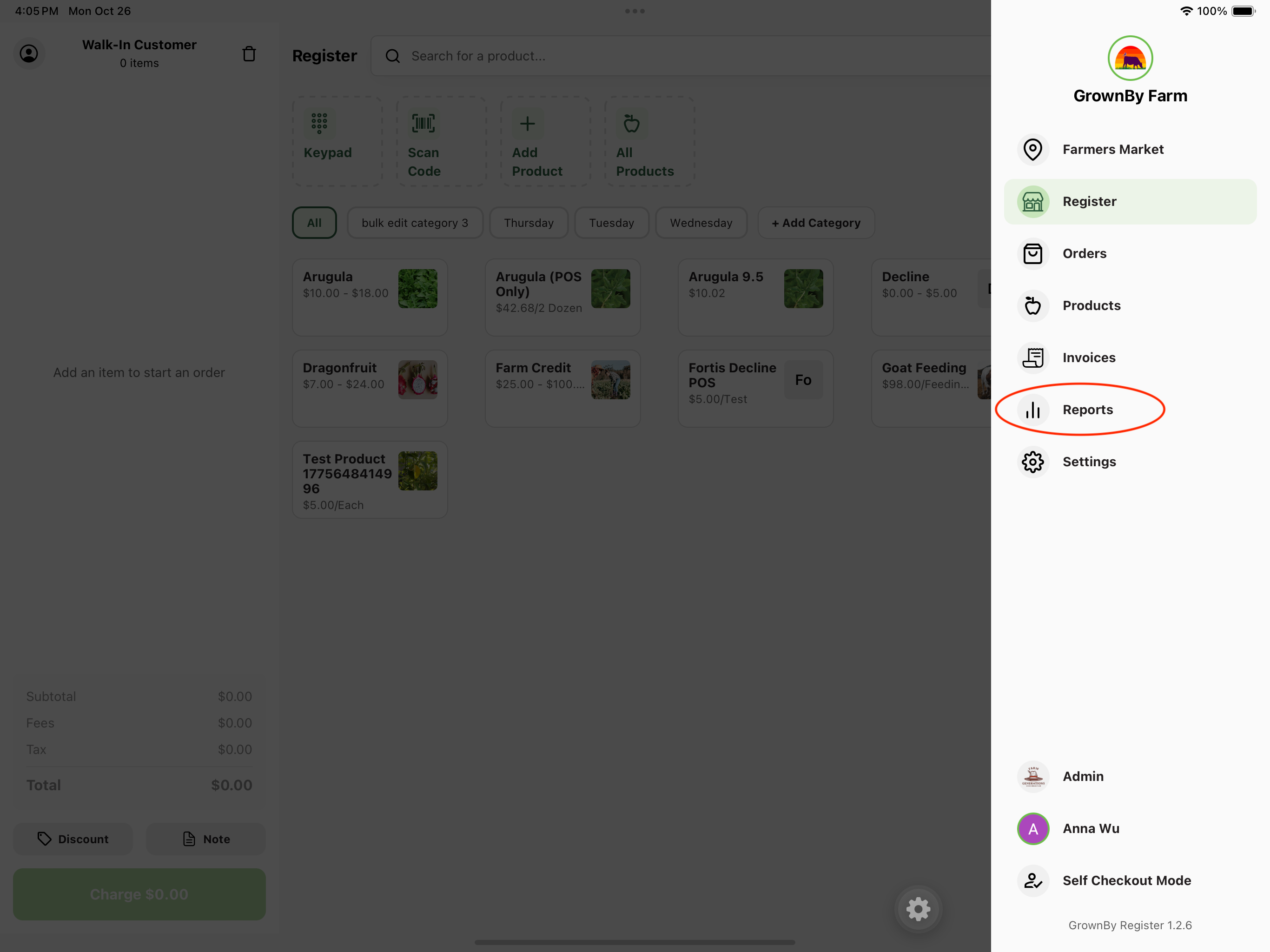 Register navigation menu open with the Reports option circled in red