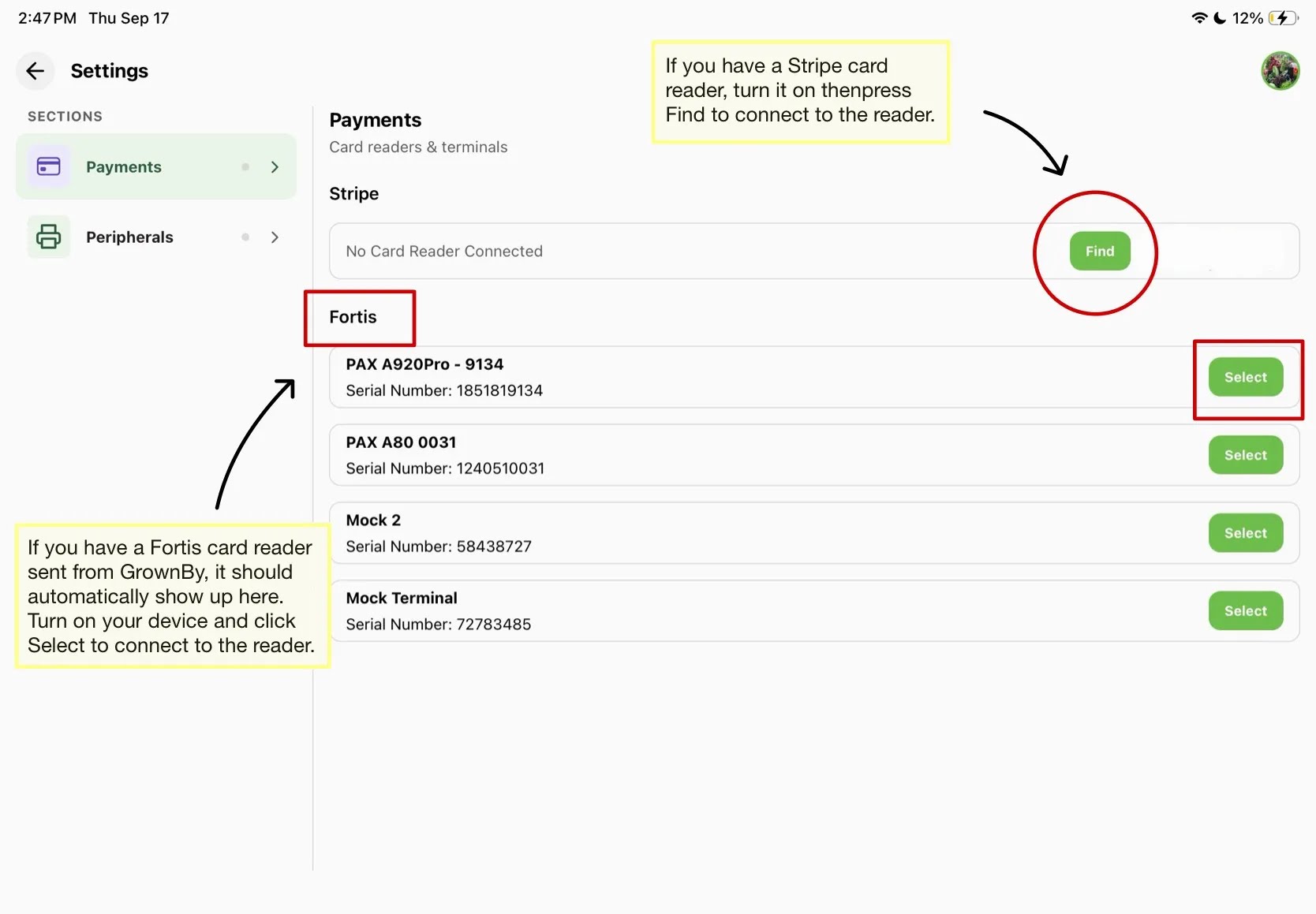 Payments settings showing the Stripe reader Find button and the list of Fortis terminals with Select buttons
