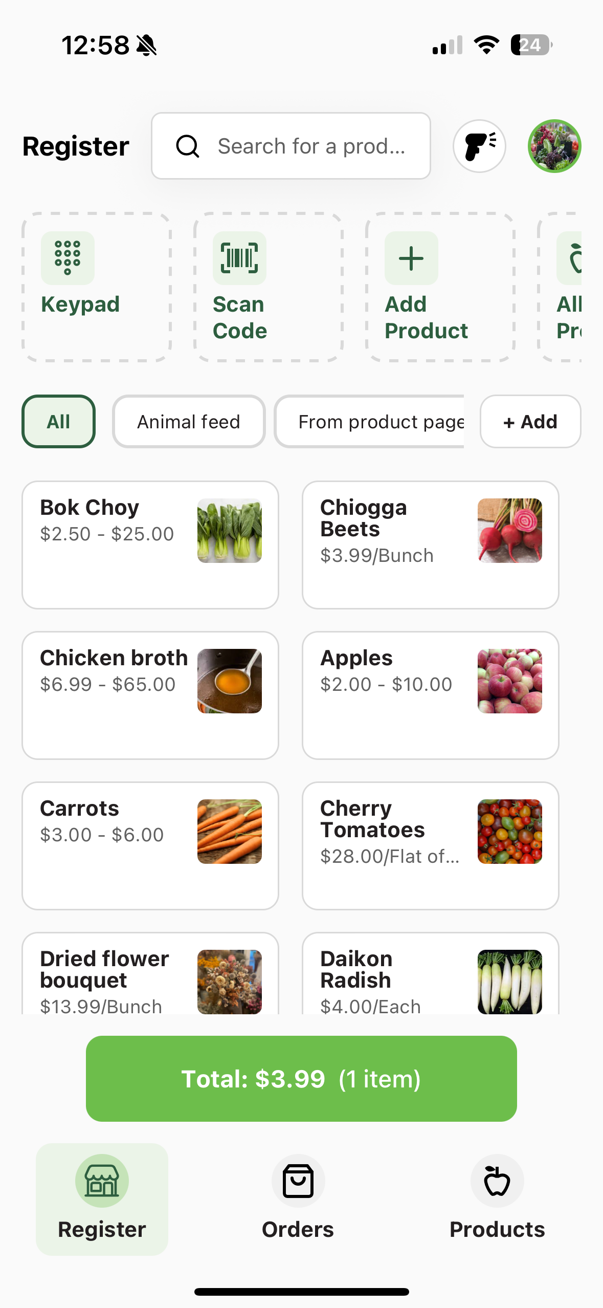 Customer basket page in the Register app