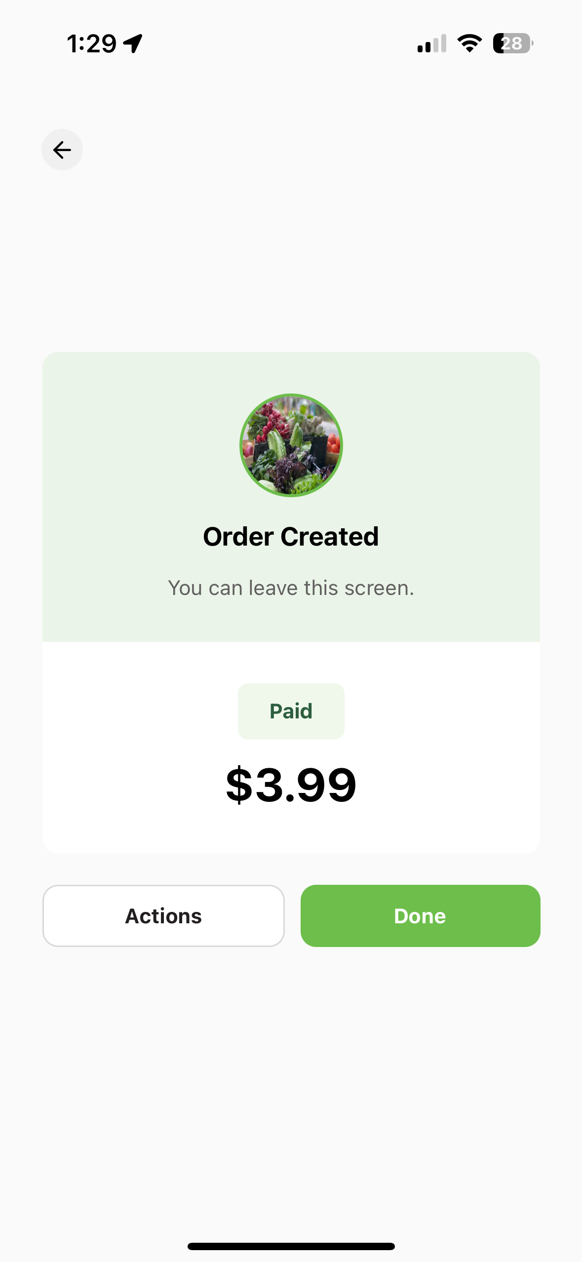 Order confirmation screen after a successful Tap to Pay transaction