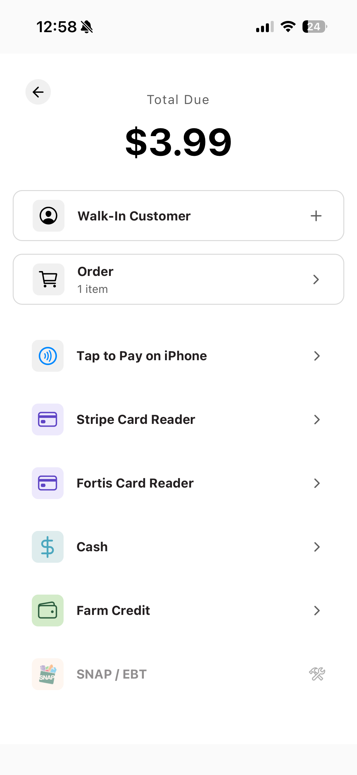 Payment processing options showing the Tap to Pay option