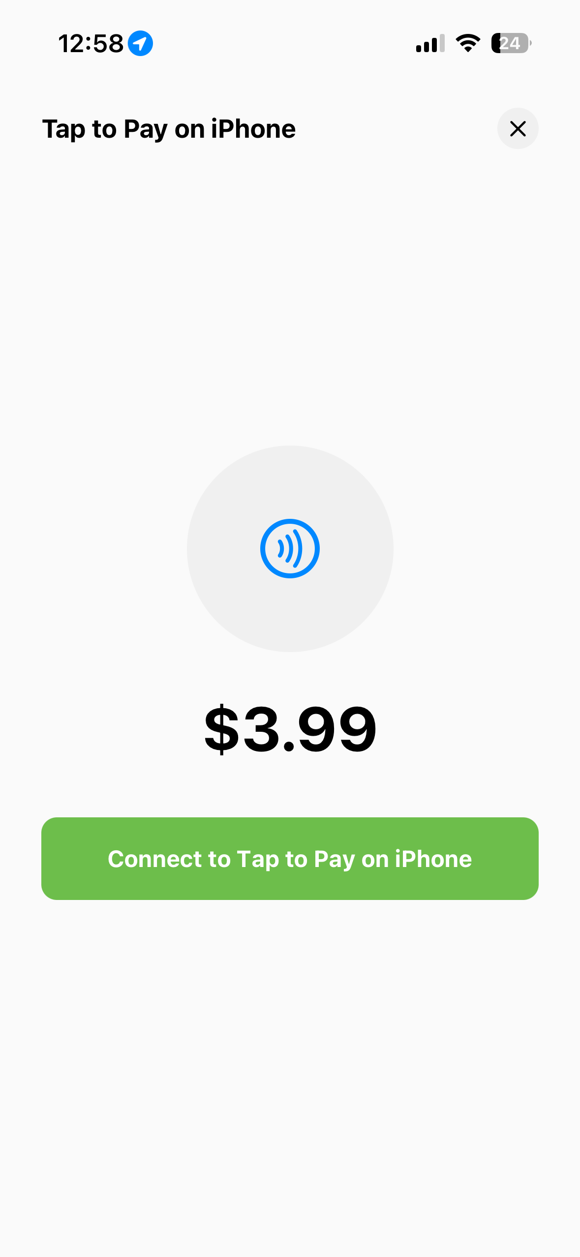 Connect to Tap to Pay screen on a mobile device