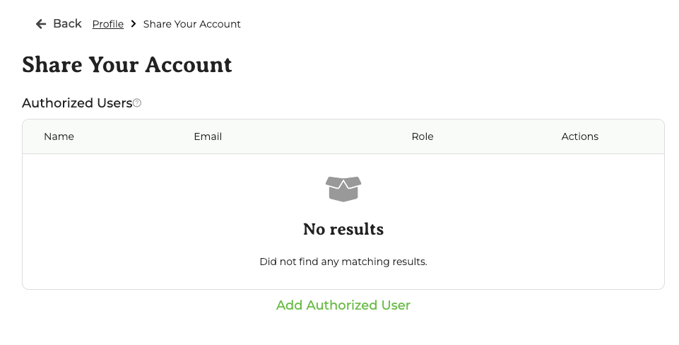 Add Authorized User button at the bottom of the account sharing page