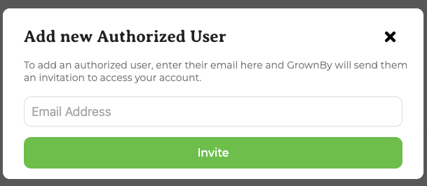 Invite pop-up where you enter the new authorized user's email address