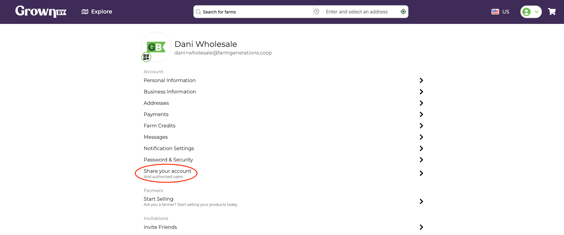 Account menu showing the Share your account option