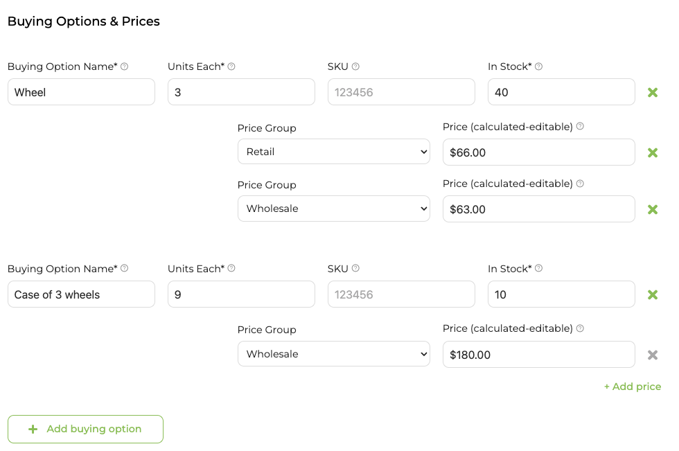 Buying options list showing a Wheel with both retail and wholesale prices and a Case of 3 wheels with only a wholesale price