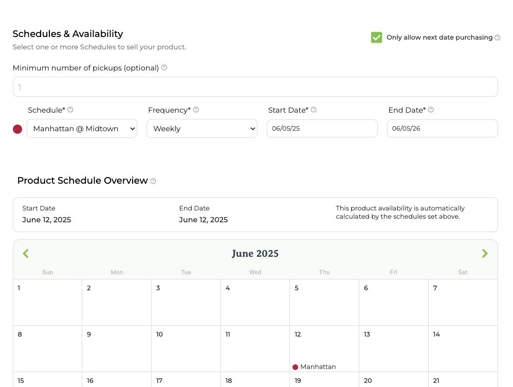 Product schedule assignment screen showing a wholesale schedule selected for the product