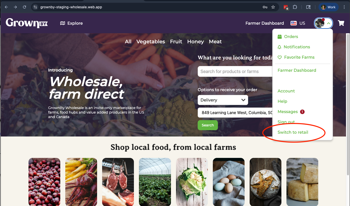 Profile menu in the wholesale marketplace showing the option to switch to retail