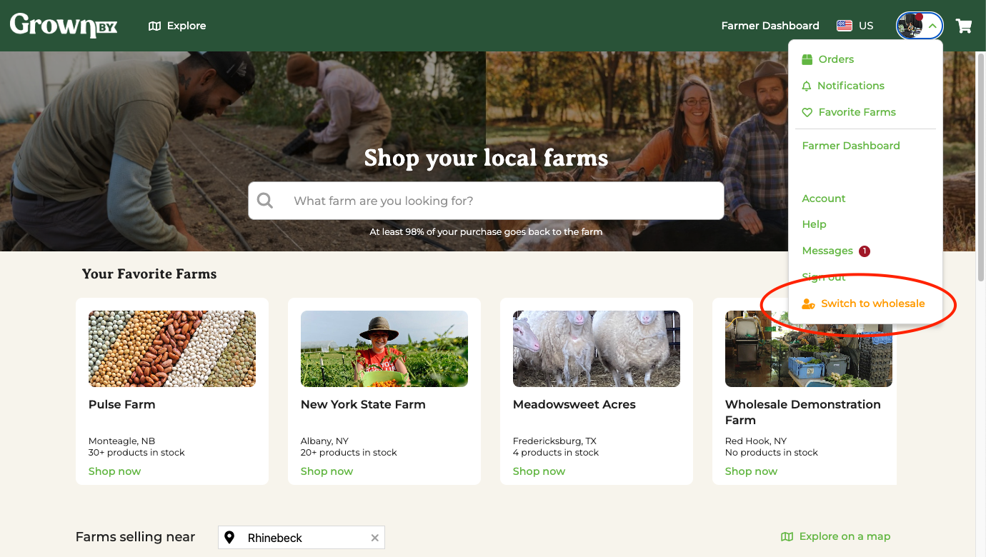 Profile menu in the retail marketplace showing the option to switch to wholesale
