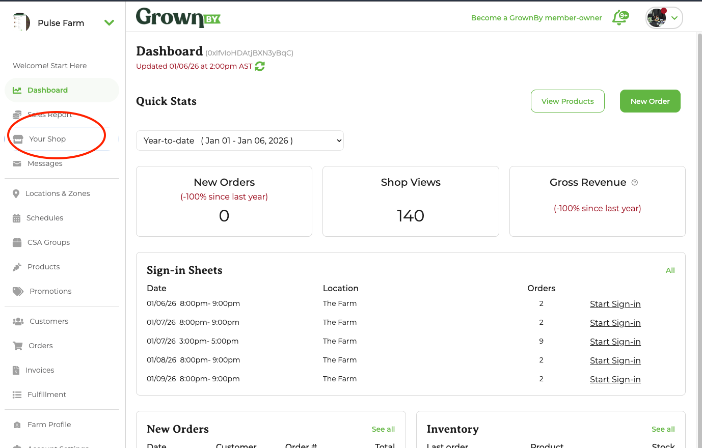 Your Shop link in the farm dashboard navigation