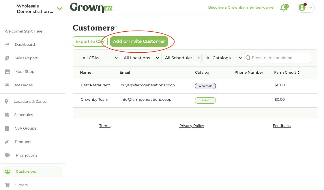 The Add or Invite Customer button on the Customers tab