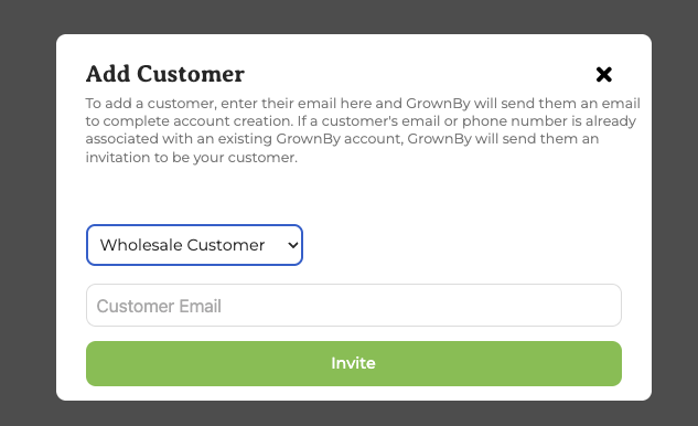 The Add or Invite Customer dialog with Wholesale selected and an email entered