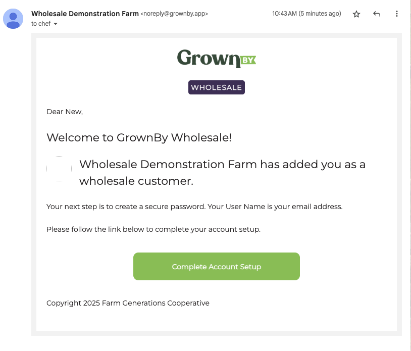 The invitation email a new customer receives
