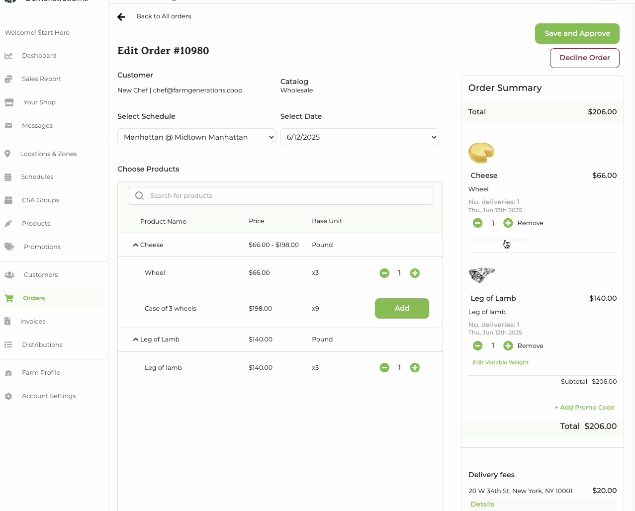 Edit order screen showing item quantities and order details