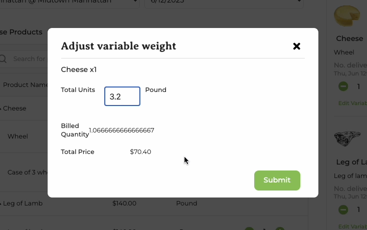 Edit variable weight modal for adjusting product weight