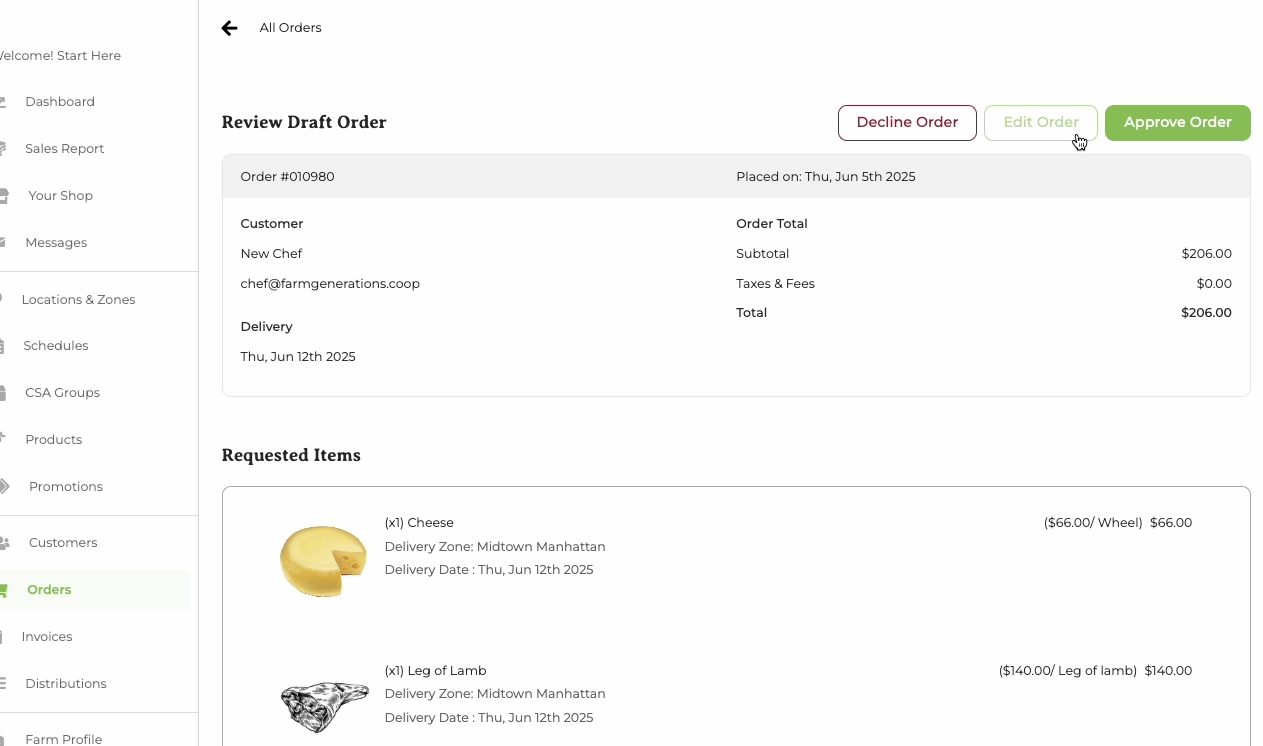 Order editing screen with Approve, Decline, and Edit options