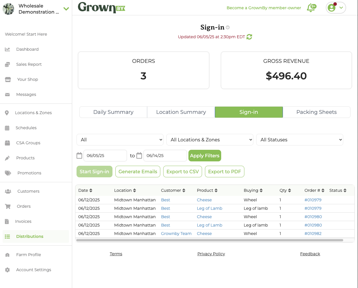 Sign-in report with options to start sign-in, generate emails, and export