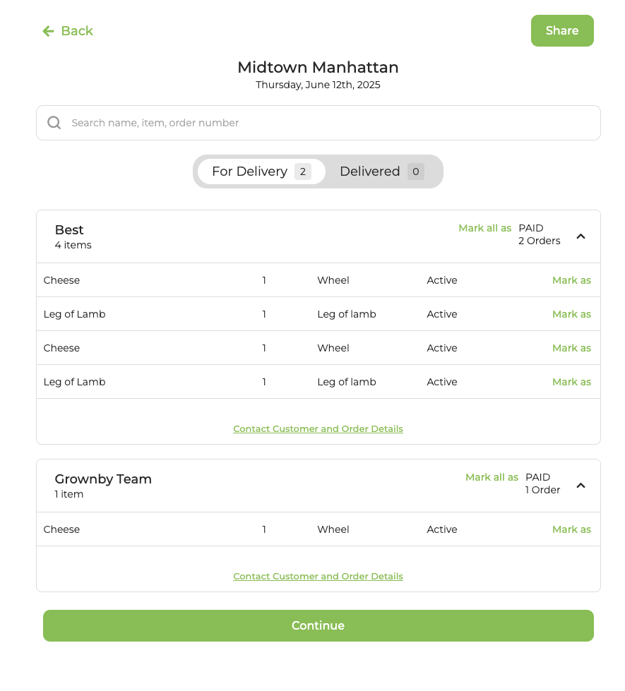 App-based sign-in screen showing the customer list for a distribution