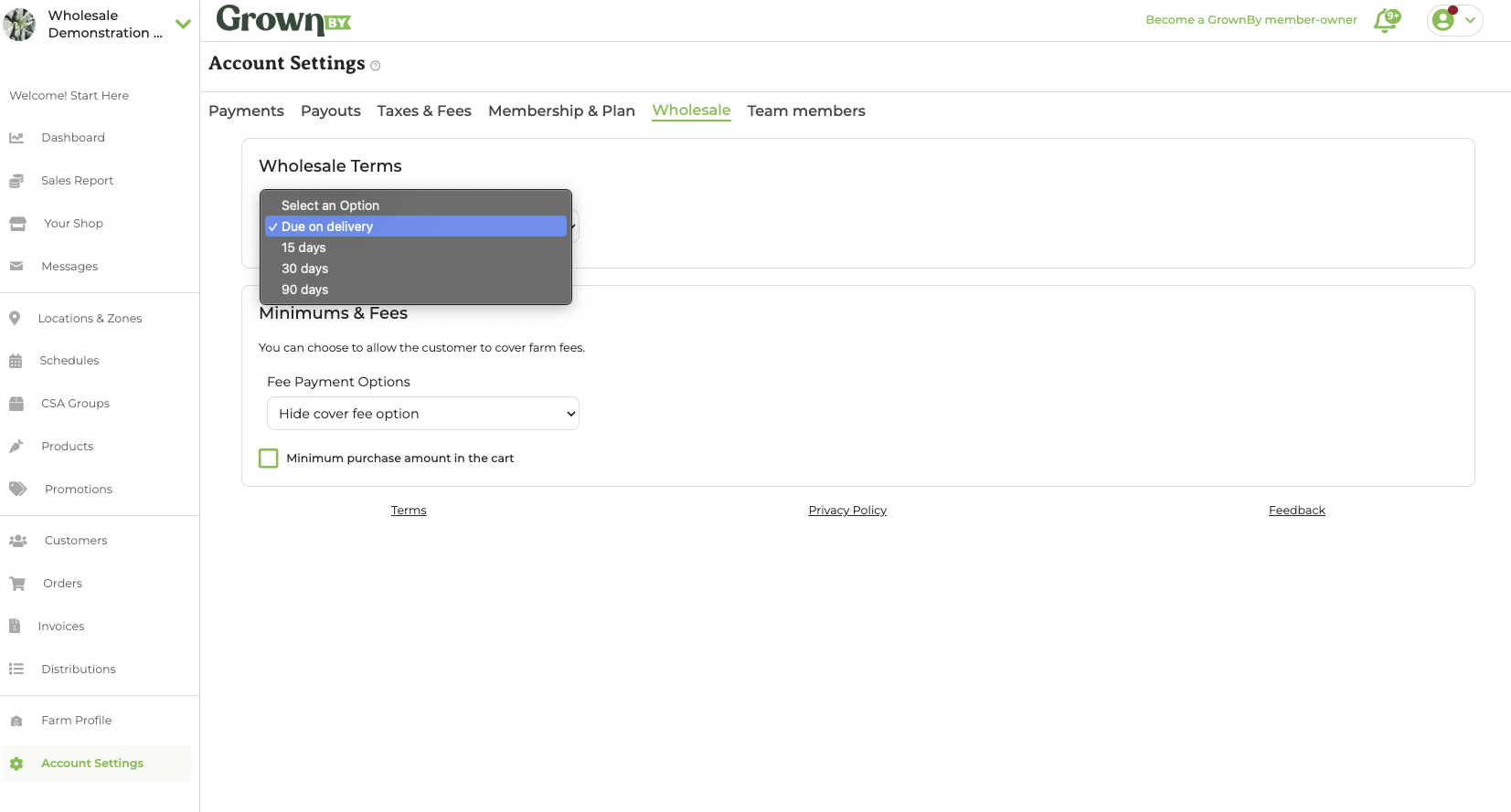 Wholesale terms setting in account configuration