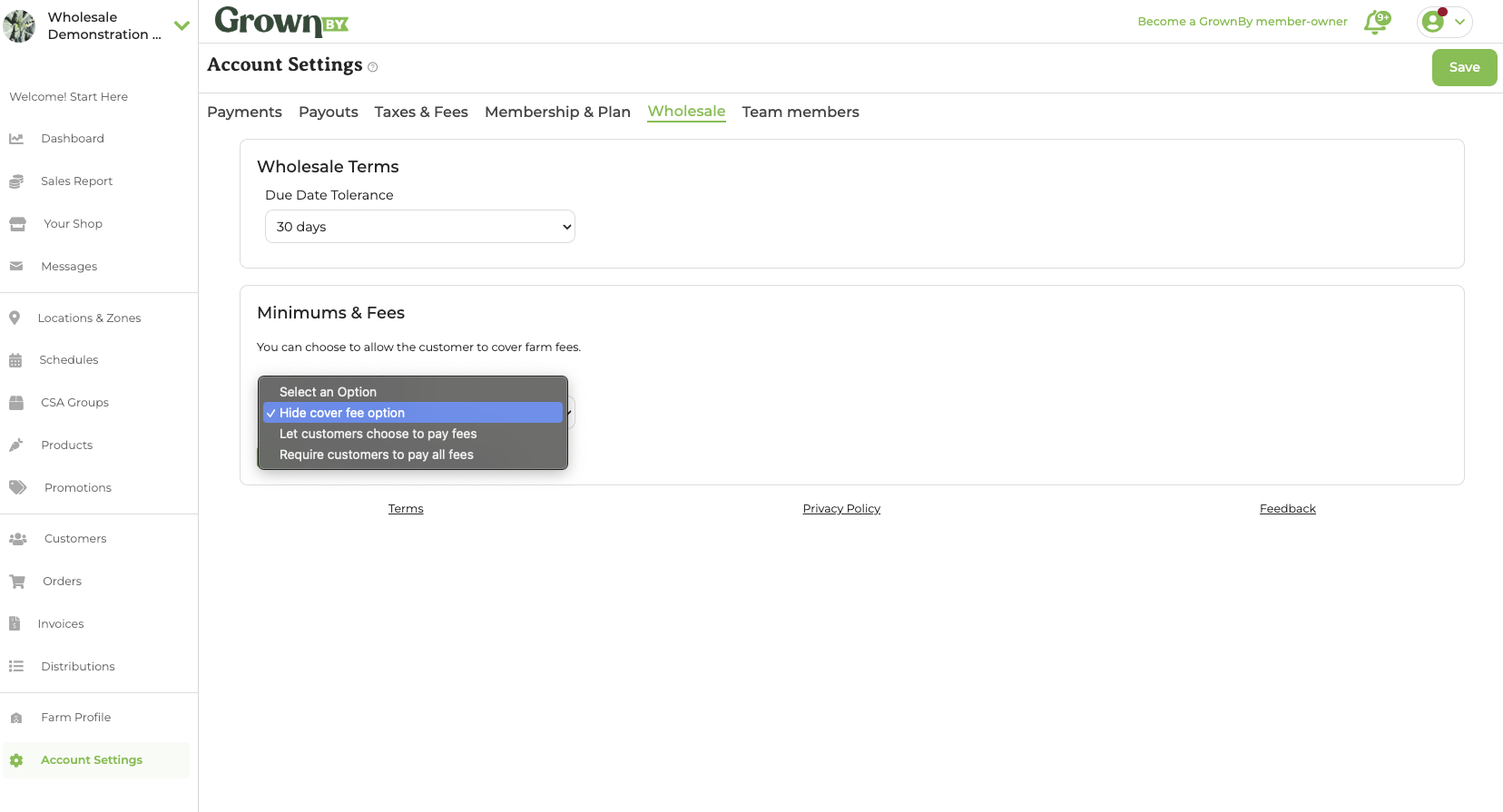 Wholesale fee requirements setting