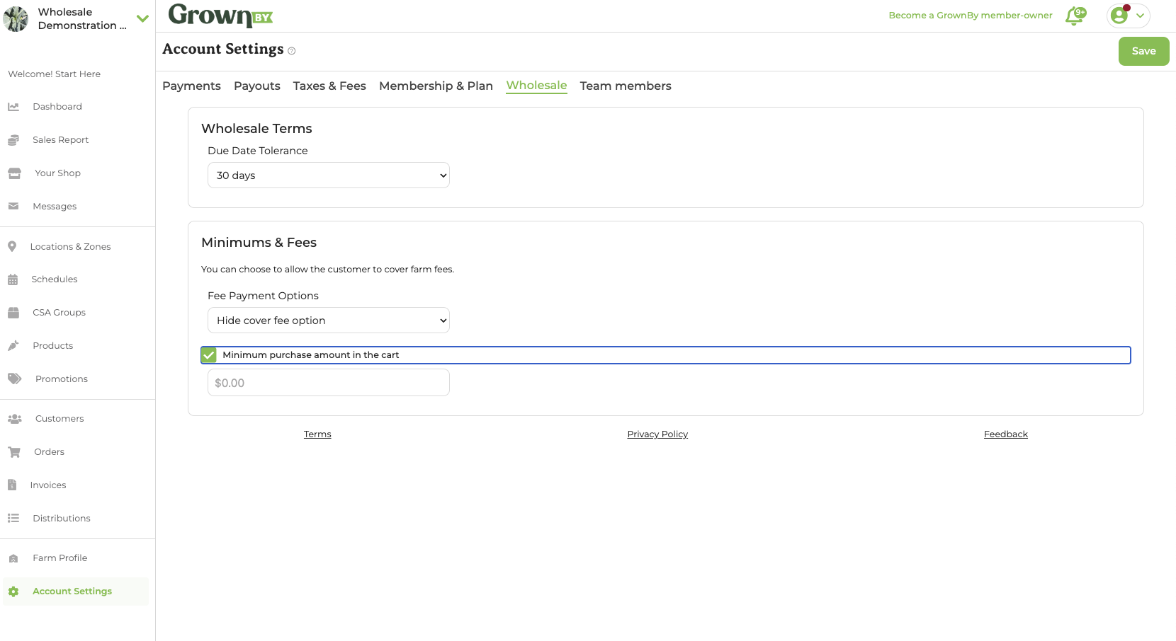 Wholesale minimum purchase setting